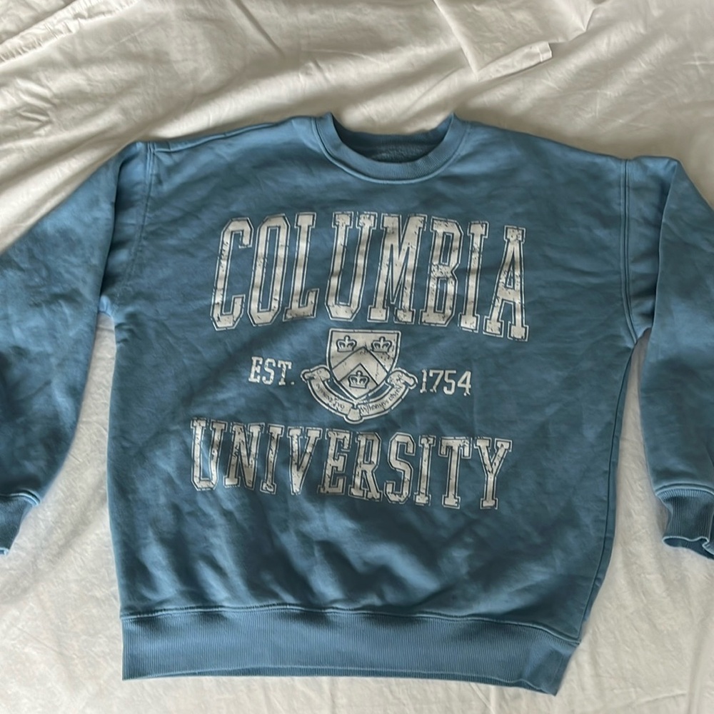 Oversize light blue, Columbia University sweatshirt, (not official sweatshirt).